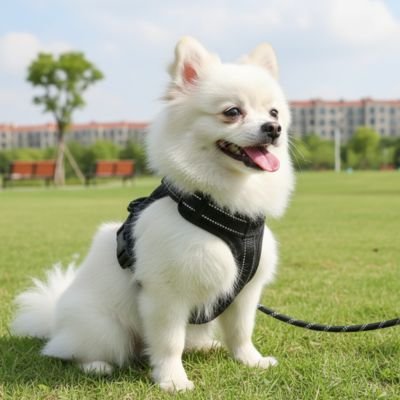 pomeranien portant harnais pour petit chien