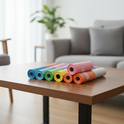 rouleaux sac a crotte chien colore assortiment table salon