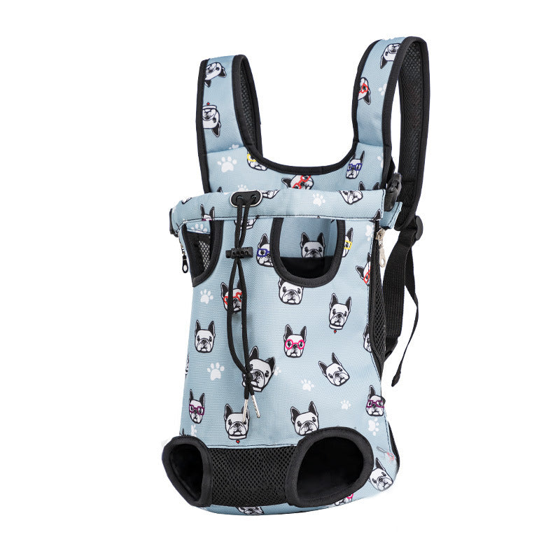 sac de transport chien porte devant bleu imprime bouledogues fond blanc