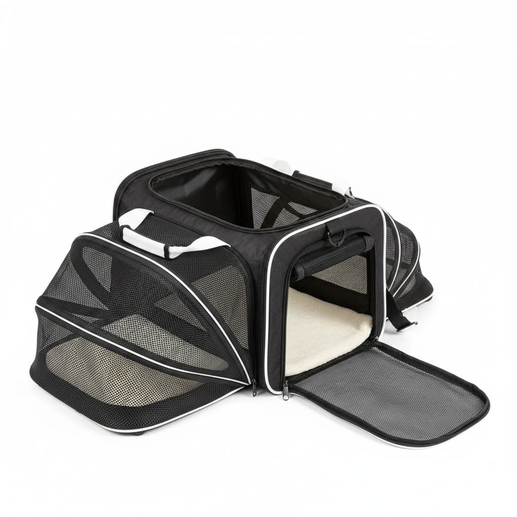 sac de transport pour chien blanc bandes blanc ouvert fond blanc