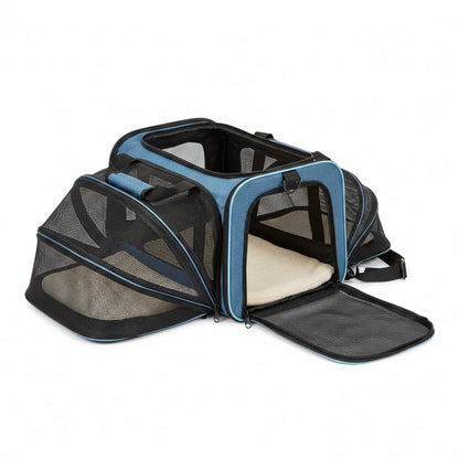sac de transport pour chien bleu ouvert fond blanc