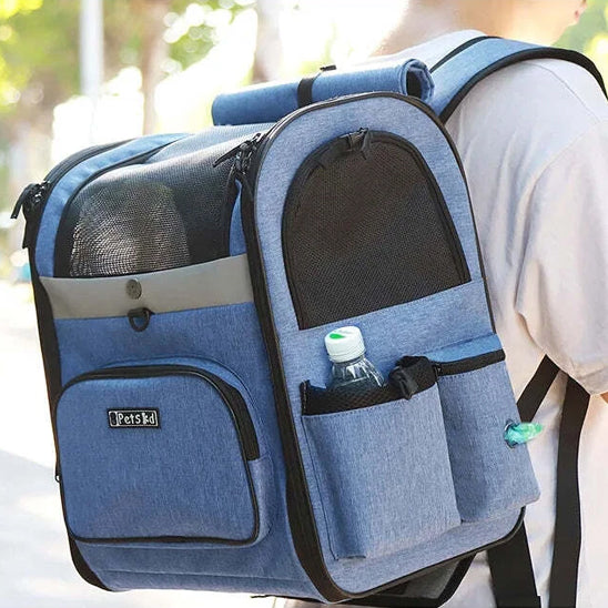 sac de transport pour chien bleu poches laterales bouteille eau
