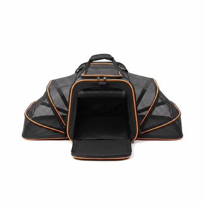 sac de transport pour chien extensible noir rebord orange fond blanc