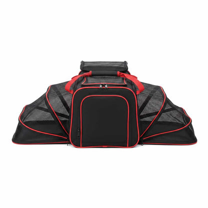 sac de transport pour chien extensible noir rebord rouge fond blanc