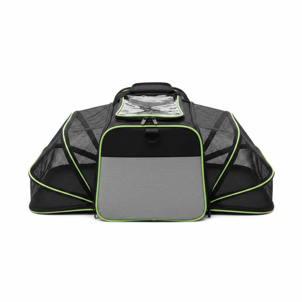 sac de transport pour chien extensible noir rebord vert fond blanc