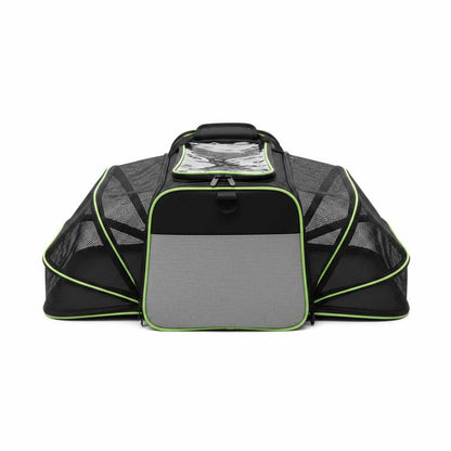 sac de transport pour chien extensible noir rebord vert fond blanc