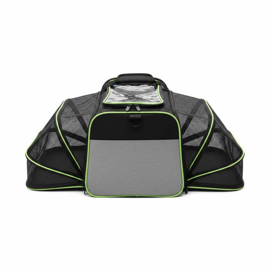 sac de transport pour chien extensible noir rebord vert fond blanc