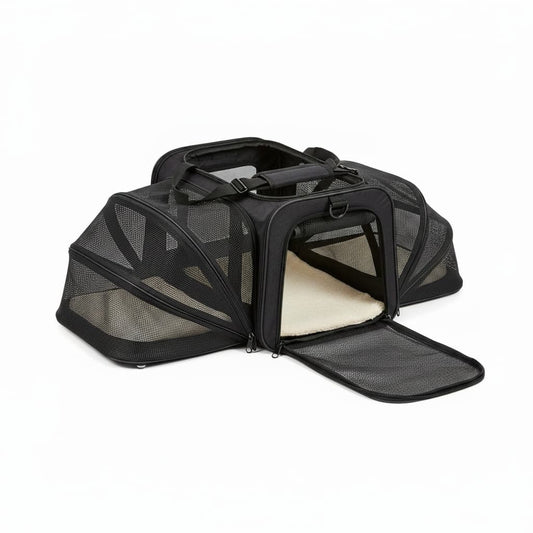 sac de transport pour chien noir ouvert fond blanc