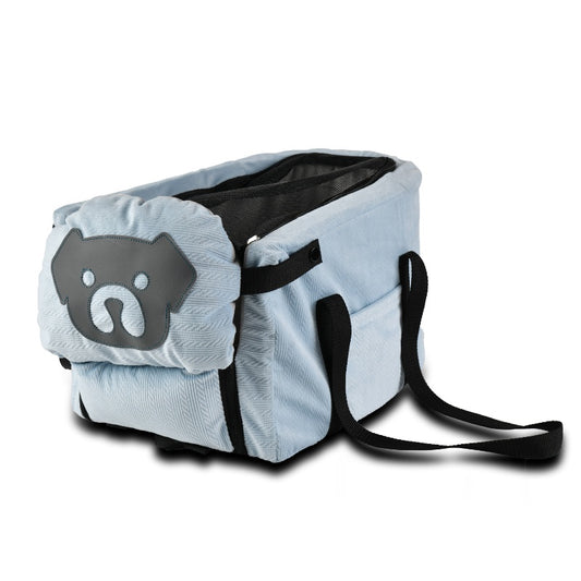 sac de transport pour chien voiture bleu clair fond blanc motif ours