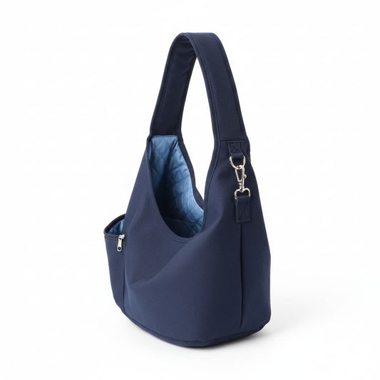 sac transport pour chien bandouliere bleu marin fond blanc