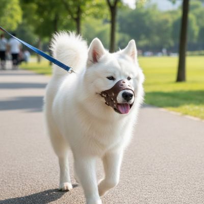 samoyede blanc parc museliere pour chien cuir souple marron laisse bleue