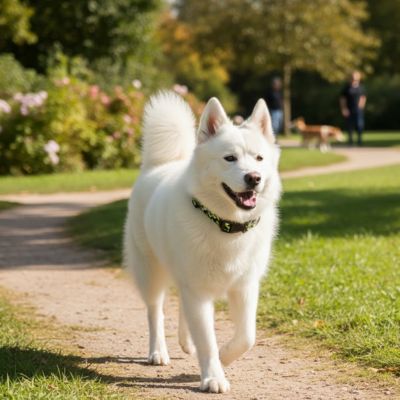 samoyede en balade dans un parc avec un collier chien reglable motif os