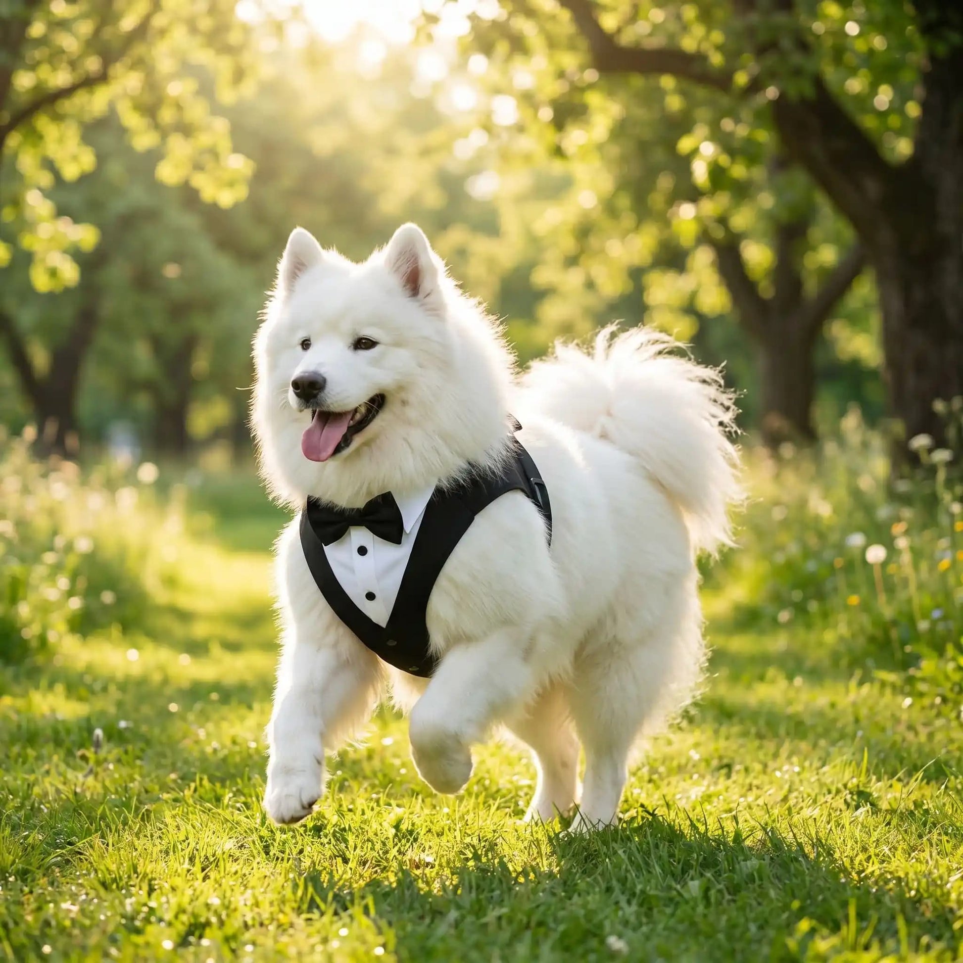 samoyede portant harnais chien costume noir noeud papillon