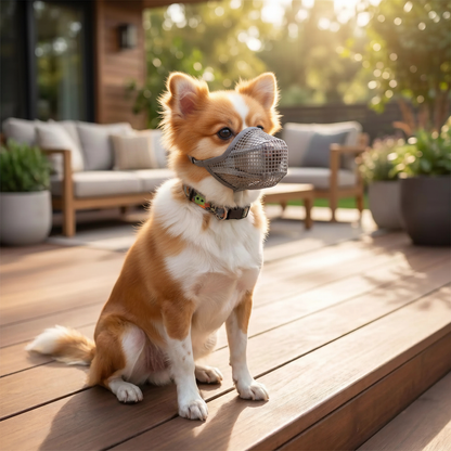 spitz nain roux avec museliere chien maille gris terrasse exterieur