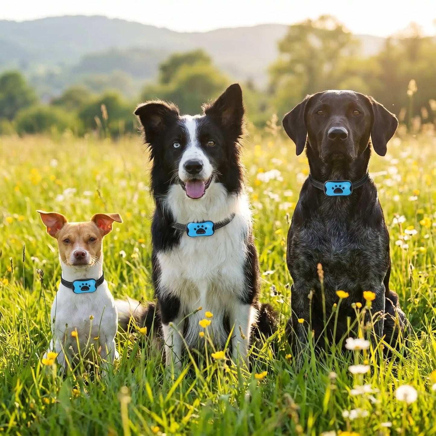 trois chiens tailles differentes champ collier dressage chien bleu ajustable