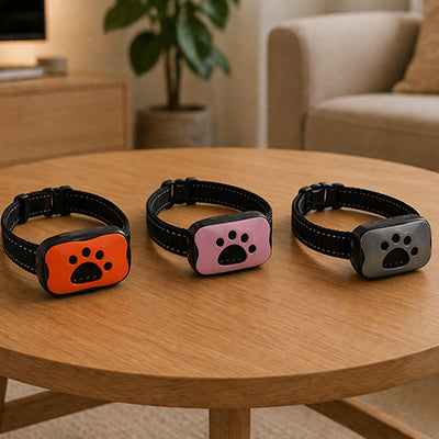 trois colliers de dressage chien poses sur une table orange rose et gris anti aboiement