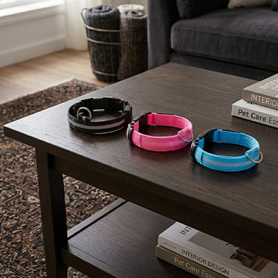 trois colliers lumineux chien led sur une table noir rose et bleu